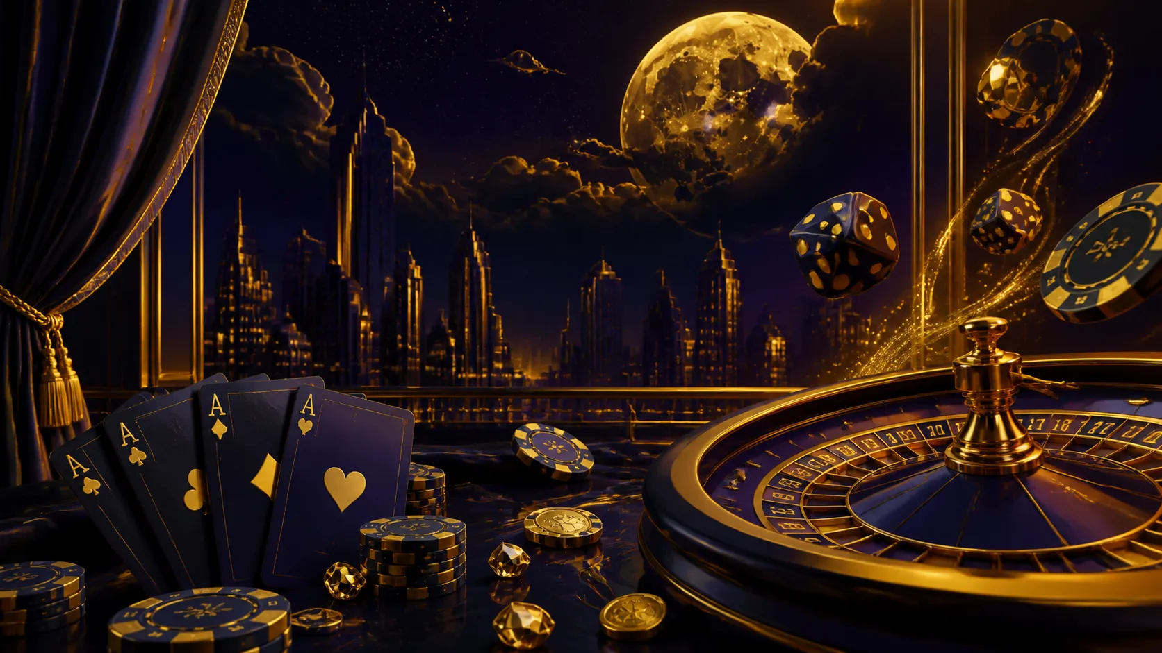 Luxurious cyberpunk casino scene with vibrant neon, poker chips, and dice.