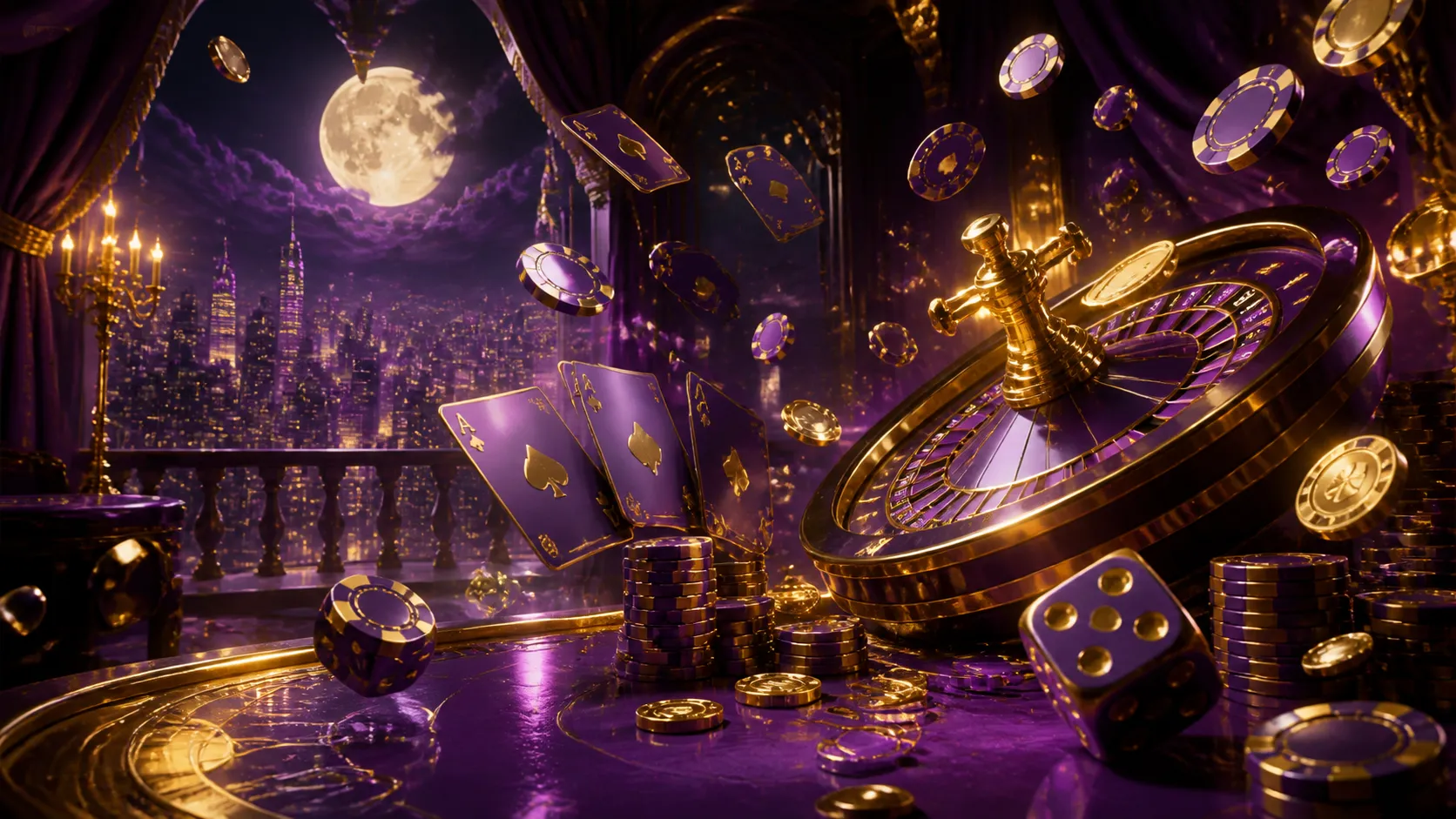 A luxurious Nightluck casino theme with floating poker chips, glowing dice, and luminescent playing cards in a cyberpunk neon